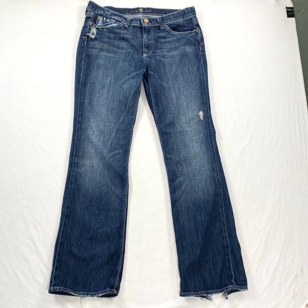 7 For All Mankind Jeans Slouchy Flare Denim Cotton Womens 30 Blue Distressed